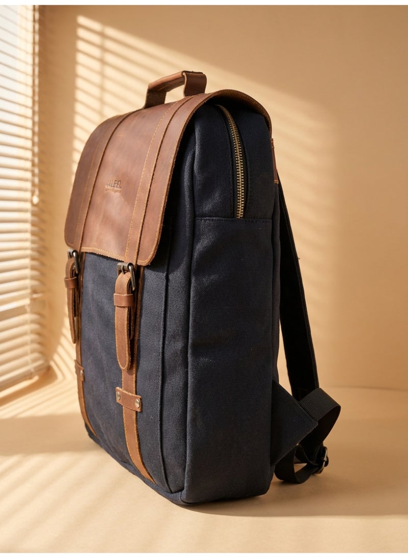 چليل شنطة ظهر للاب توب من ريجنت سيتي مصنوعة من قماش اسود وجلد بقر طبيعي 100% للعمل والجامعة، شنطة ظهر للاعمال مع حافظة لابتوب مبطنة ومنظم - جليل - Image 4